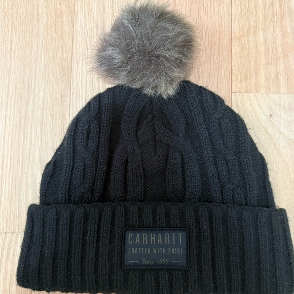 Carhartt Charcoal Cable Knit Beanie with Faux Fur Pom - Picture 2 of 2